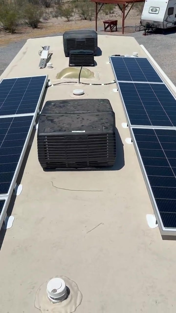 RV rooftop solar panels at a desert boondocking campsite in Southern Arizona